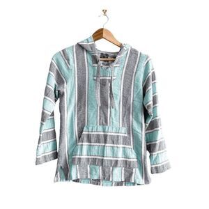 Original Senor Lopez Long Sleeves Baja Hoodie Striped Mint Green Gray Medium